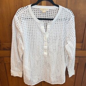 Michael Kors White Eyelet Blouse with Mandarin Collar, 2XL (plus size)